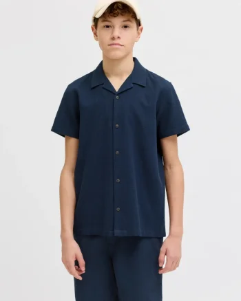 Jack & Jones Camasa cu maneca scurta baieti, Waffle Resort Shirt, Relaxed Fit, Bleumarin inchis (SELECTATI MARIMEA: 152 cm)