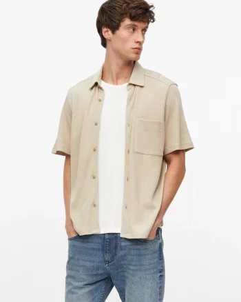 s.Oliver Camasa barbati din amestec de bumbac, piqué tip waffle, Relaxed fit, Bej (SELECTATI MARIMEA: L)