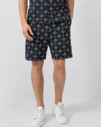 s.Oliver Pantaloni scurti barbati, cu talie medie, din bumbac, cu imprimeu, Resort fit, Detroit, Bleumarin inchis (SELECTATI MARIMEA: S)