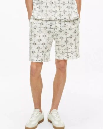 s.Oliver Pantaloni scurti barbati, cu talie medie, din bumbac, cu imprimeu, Resort fit, Detroit, Alb (SELECTATI MARIMEA: 3XL)