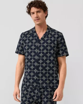 s.Oliver Camasa cu maneca scurta barbati, din bumbac, cu imprimeu, Resort fit, Bleumarin inchis (SELECTATI MARIMEA: S)