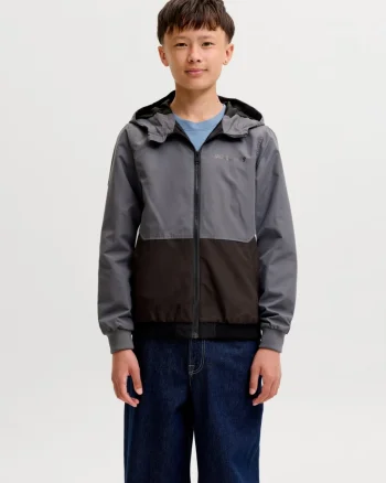 Jack & Jones Jacheta softshell, baieti, cu gluga, Regular fit, Gri inchis (SELECTATI MARIMEA: 140 cm)