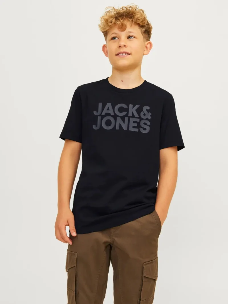 Jack & Jones Tricou baieti, din bumbac organic, Regular fit la baza gatului, JJECORP, Negru (SELECTATI MARIMEA: 128 cm)