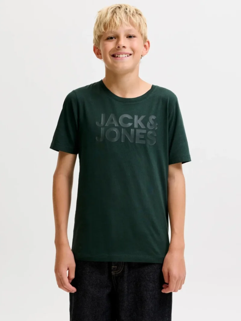 Jack & Jones Tricou baieti, din bumbac organic, Regular fit la baza gatului, JJECORP, Verde inchis (SELECTATI MARIMEA: 128 cm)