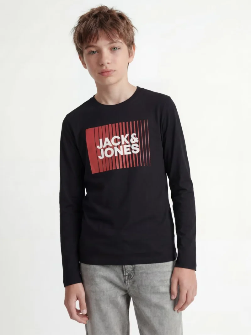Jack & Jones Tricou baieti la baza gatului, cu maneca lunga, din bumbac organic, Regular fit, Negru (SELECTATI MARIMEA: 128 cm)