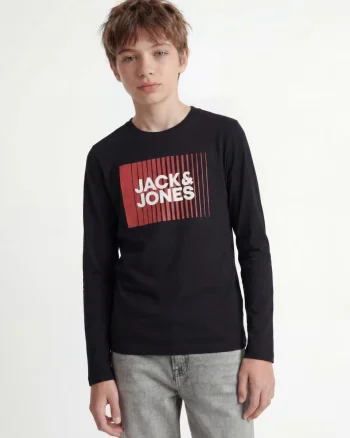 Jack & Jones Tricou baieti la baza gatului, cu maneca lunga, din bumbac organic, Regular fit, Negru (SELECTATI MARIMEA: 128 cm)