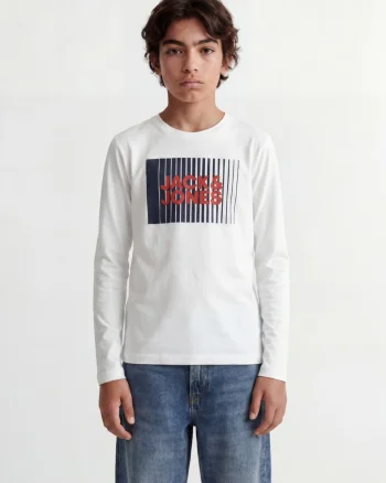 Jack & Jones Tricou baieti la baza gatului, cu maneca lunga, din bumbac organic, Regular fit, Alb (SELECTATI MARIMEA: 140 cm)