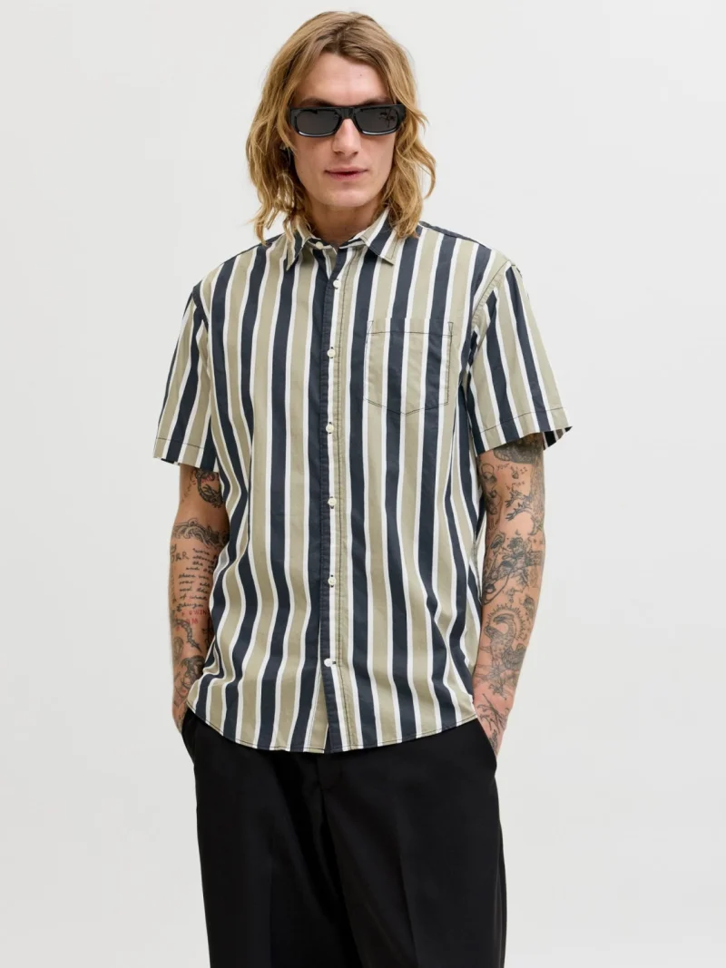 Jack & Jones Camasa barbati din bumbac cu imprimeu in dungi, Regular Fit, JJETHAN, Verde (SELECTATI MARIMEA: L)