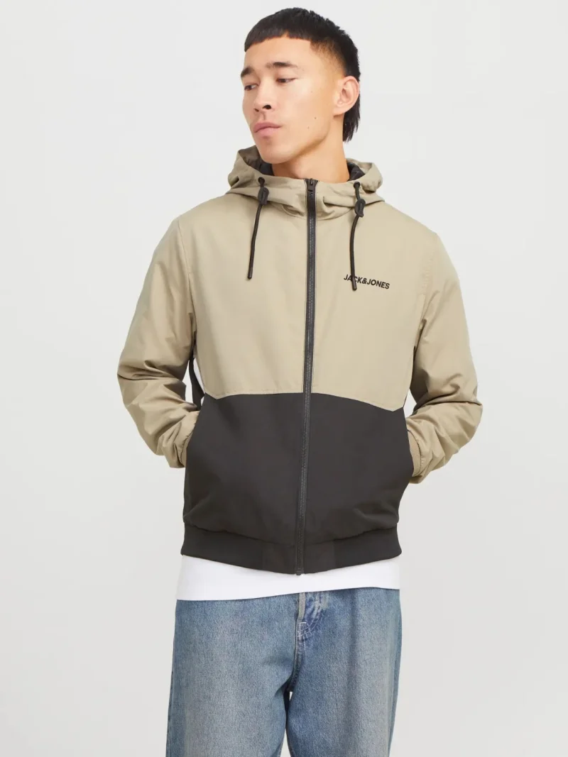 Jack & Jones Jacheta bomber cu gluga, JJERUSH HOOD, Bej/Negru (SELECTATI MARIMEA: M)