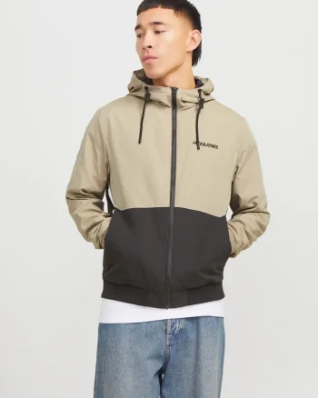 Jack & Jones Jacheta bomber cu gluga, JJERUSH HOOD, Bej/Negru (SELECTATI MARIMEA: M)