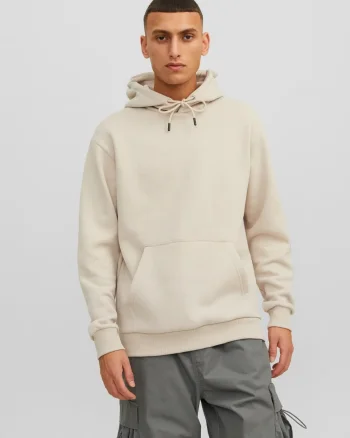 Jack & Jones Hanorac barbati, cu buzunar tip marsupiu, Relaxed Fit, JJEBRADLEY, Bej (SELECTATI MARIMEA: S)