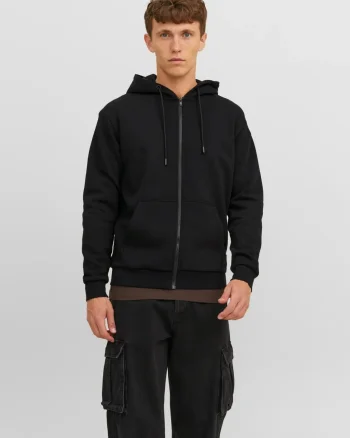 Jack & Jones Hanorac barbati, cu fermoar si gluga, Regular fit, JJEBRADLEY, Negru (SELECTATI MARIMEA: S)