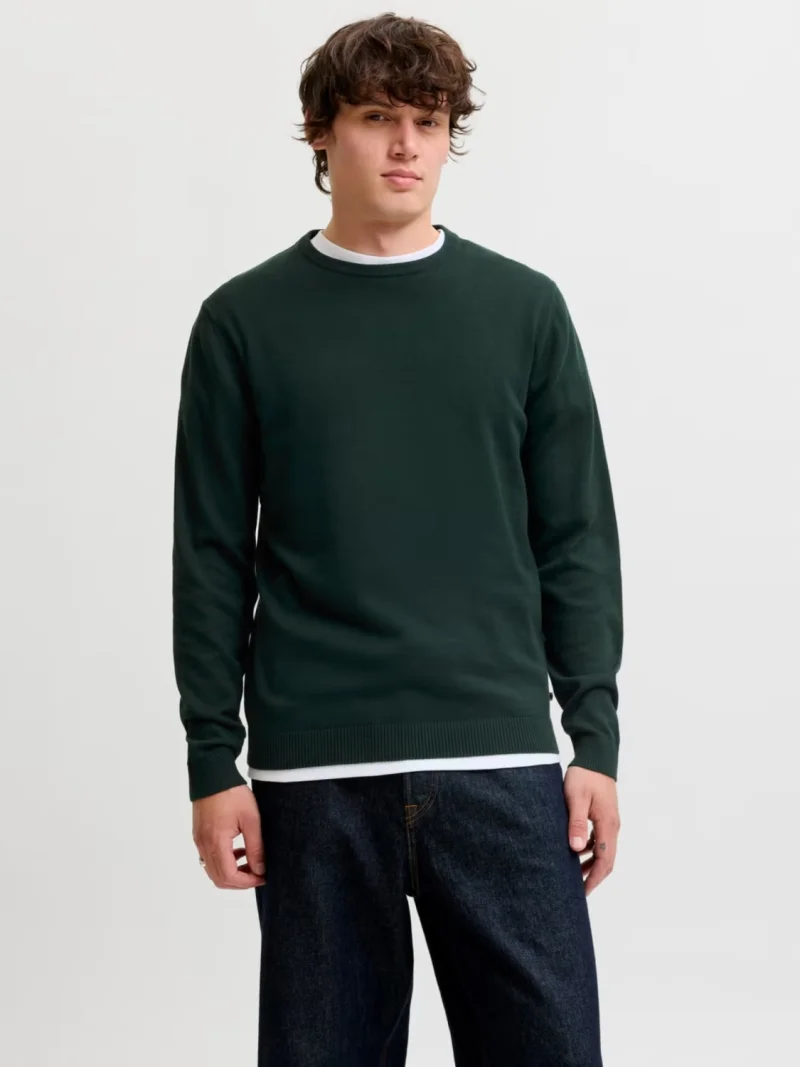 Jack & Jones Pulover barbati cu decolteu la baza gatului, din bumbac organic, JJEBASIC, Verde inchis (SELECTATI MARIMEA: XS)