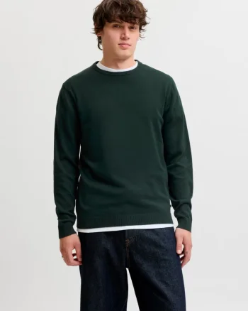 Jack & Jones Pulover barbati cu decolteu la baza gatului, din bumbac organic, JJEBASIC, Verde inchis (SELECTATI MARIMEA: XS)