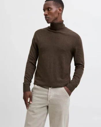 Jack & Jones Pulover tricotat barbati, cu guler inalt, Regular fit, JJEEMIL, Maro inchis (SELECTATI MARIMEA: XS)
