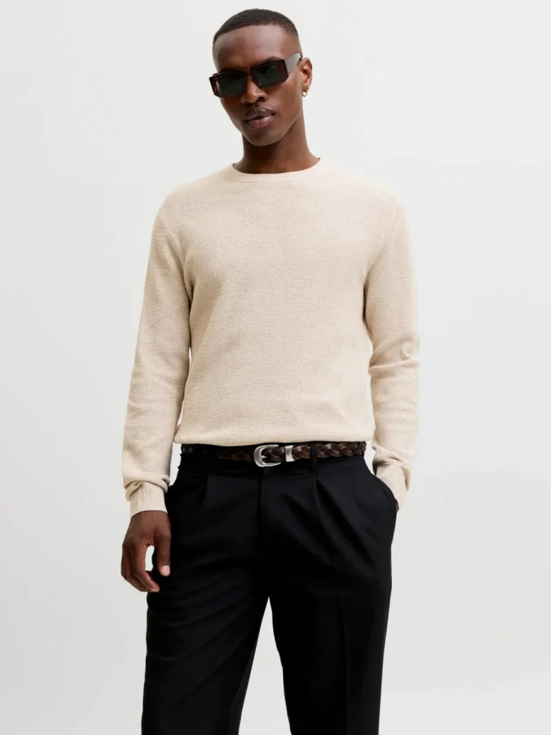 Jack & Jones Pulover tricotat barbati, din bumbac organic, Regular fit, JAURYDER, Bej (SELECTATI MARIMEA: XS)