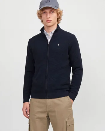 Jack & Jones Cardigan tricotat barbati cu guler inalt, din bumbac organic, JPRBLURYAN, Bleumarin inchis (SELECTATI MARIMEA: L)