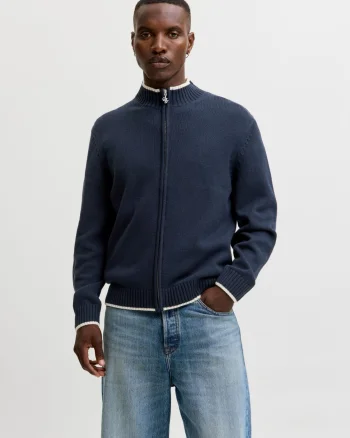 Jack & Jones Cardigan tricotat barbati cu guler inalt si detalii contraste, JORFREDERIKSBERG, Bleumarin inchis (SELECTATI MARIMEA: L)