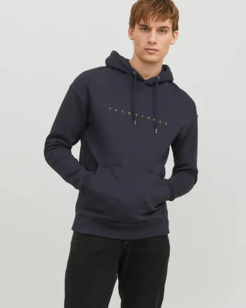 Jack & Jones Hanorac barbati, cu gluga fara fermoar, Relaxed Fit, JJESTAR, Bleumarin inchis (SELECTATI MARIMEA: L)