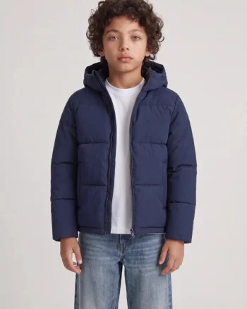 Jack & Jones Geaca baieti, PUFFER, cu gluga, Regular fit, JJGALAXY, Bleumarin inchis (SELECTATI MARIMEA: 140 cm)
