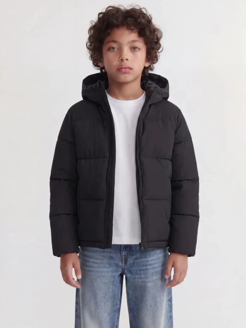 Jack & Jones Geaca baieti, PUFFER, cu gluga, Regular fit, JJGALAXY, Negru (SELECTATI MARIMEA: 128 cm)
