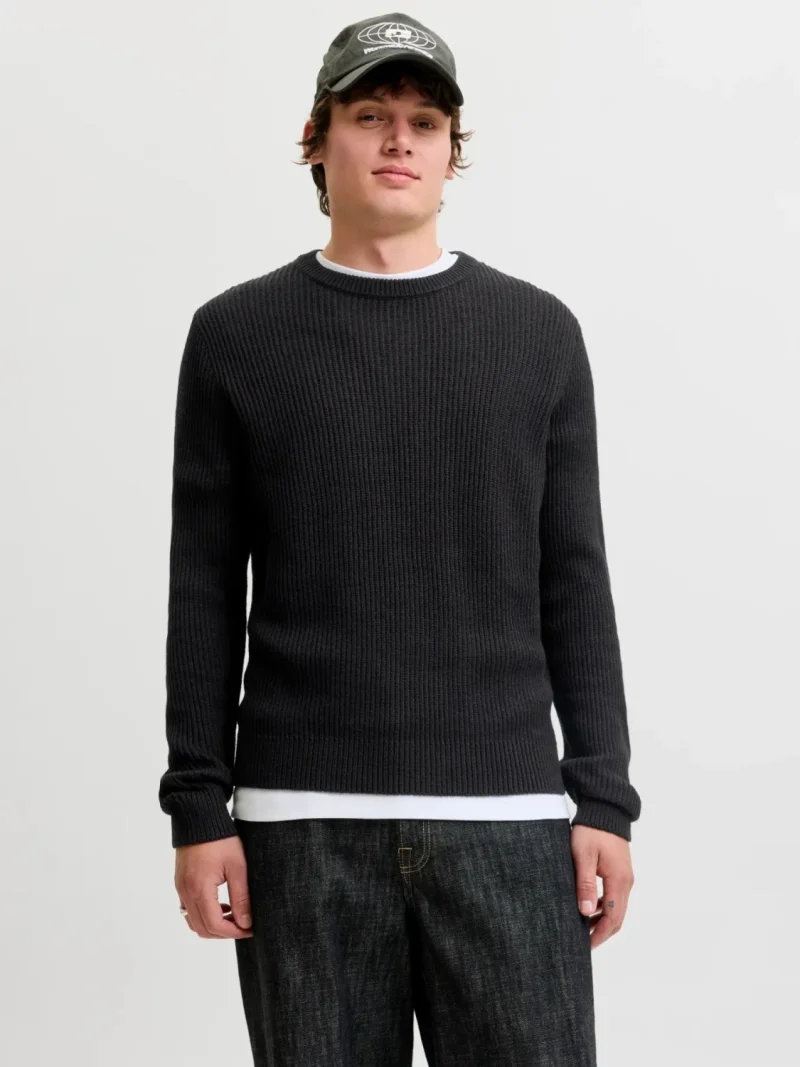 Jack & Jones Pulover tricotat barbati, decolteu la baza gatului, Regular Fit, JJPANNEL, Negru (SELECTATI MARIMEA: S)