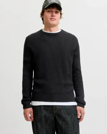 Jack & Jones Pulover tricotat barbati, decolteu la baza gatului, Regular Fit, JJPANNEL, Negru (SELECTATI MARIMEA: S)