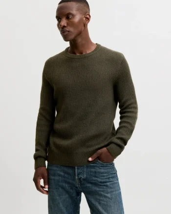 Jack & Jones Pulover tricotat barbati, decolteu la baza gatului, Regular Fit, JJPANNEL, Verde inchis (SELECTATI MARIMEA: S)