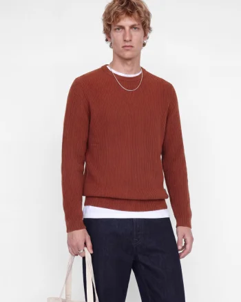 Jack & Jones Pulover tricotat barbati, decolteu la baza gatului, Regular Fit, JJPANNEL, Caramiziu (SELECTATI MARIMEA: S)