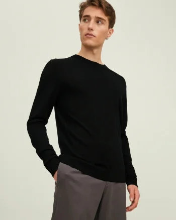Jack & Jones Pulover simplu tricotat barbati, din lana merinos, decolteu la baza gatului, JPRMERINO, Negru (SELECTATI MARIMEA: M)