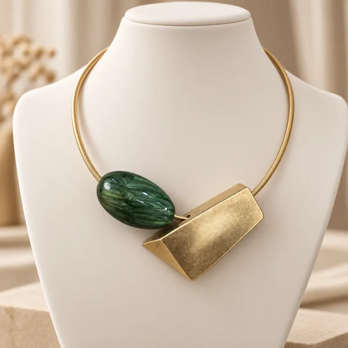 Colier semirigid auriu cu pandante antichizate minimaliste auriu si verde