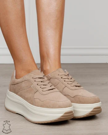 Pantofi sport damă din piele naturală întoarsă cu talpă înaltă CRL1862 KHAKI