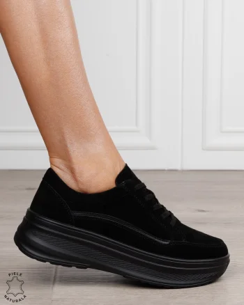 Pantofi sport damă din piele naturală intoarsa stil clasic și versatil CRL1867 NEGRU