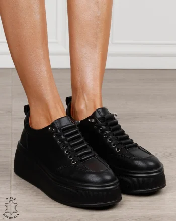 Pantofi sport damă din piele naturală cu șiret special CRL1880 NEGRU