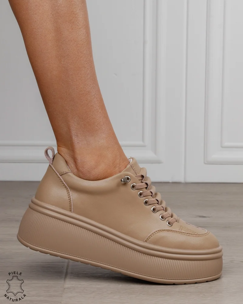 Pantofi sport damă din piele naturală cu șiret special CRL1880 KHAKI
