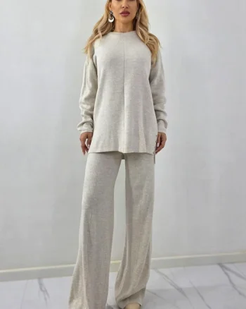 Compleu dungi centrate, ELETRA, pantaloni cu buzunare si bluza lunga, Crem, Marime M/L