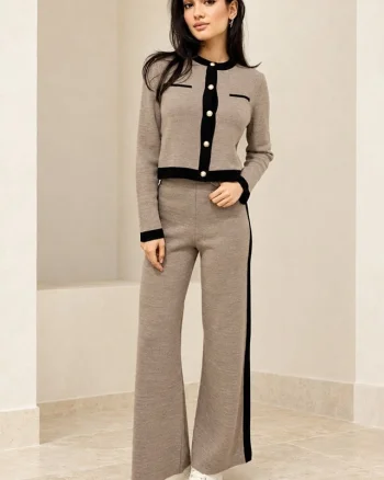 Compleu lana Thalos, cu bluza si pantaloni cu banda elastica, Maro deschis, Marime S/M