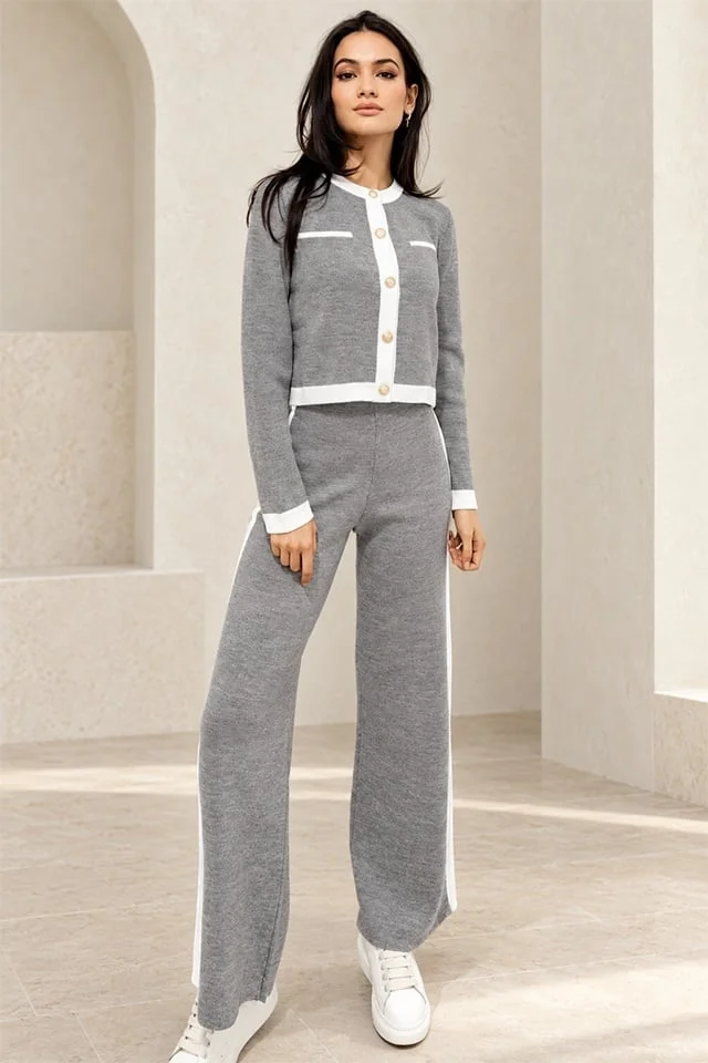 Compleu lana Thalos, cu bluza si pantaloni cu banda elastica, Gri, Marime S/M