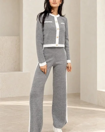 Compleu lana Thalos, cu bluza si pantaloni cu banda elastica, Gri, Marime S/M