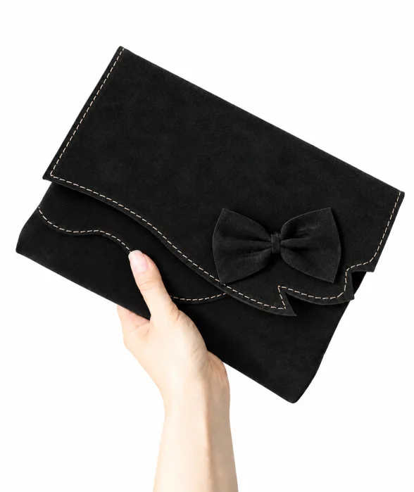 Plic negru handmade  din piele naturala intoarsa  , cu fundita cusuta