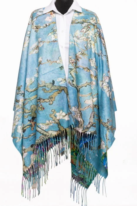 Esarfa poncho din casmir cu dubla fata, cu model inspirat  dupa    Migdal Inflorind   de Van Gogh
