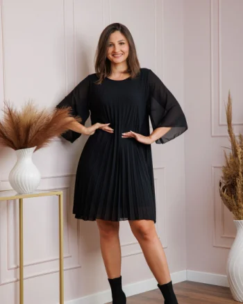 Rochie neagra din voal plisat cu maneci 3 4 Tina