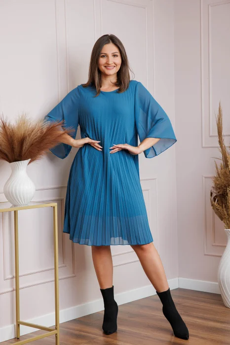 Rochie turcoaz din voal plisat cu maneci 3 4 Tina