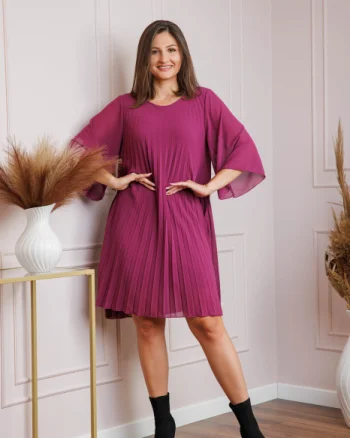 Rochie fuchsia din voal plisat cu maneci 3 4 Tina