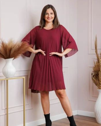 Rochie grena din voal plisat cu maneci 3 4 Tina
