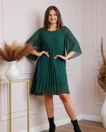 Rochie verde din voal plisat cu maneci 3 4 Tina