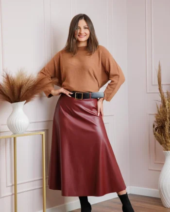 Fusta midi grena din piele ecologica cu curea Maxine
