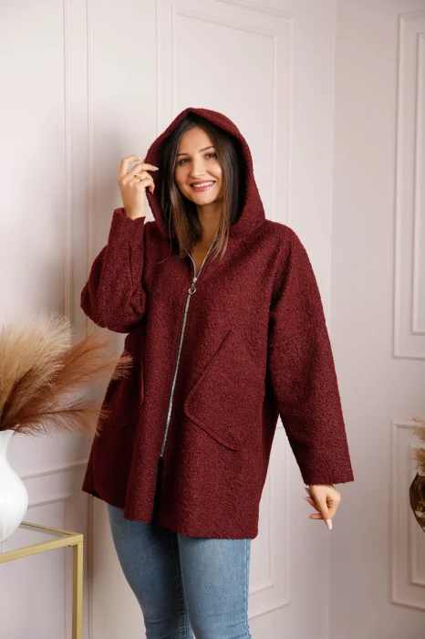 Jacheta dama bordo din stofa boucle cu gluga Maggie