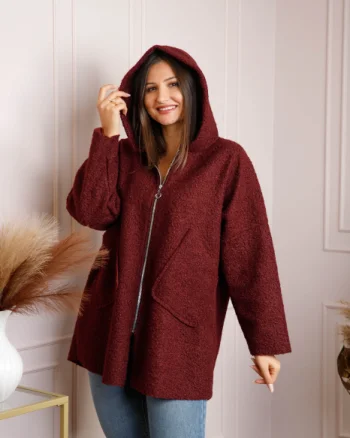 Jacheta dama bordo din stofa boucle cu gluga Maggie