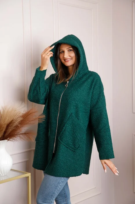 Jacheta dama verde din stofa boucle cu gluga Maggie